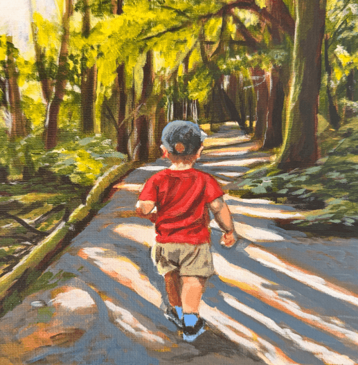 Chasing sunshine through the woods by Helen Sutton — Acrylic on canvas